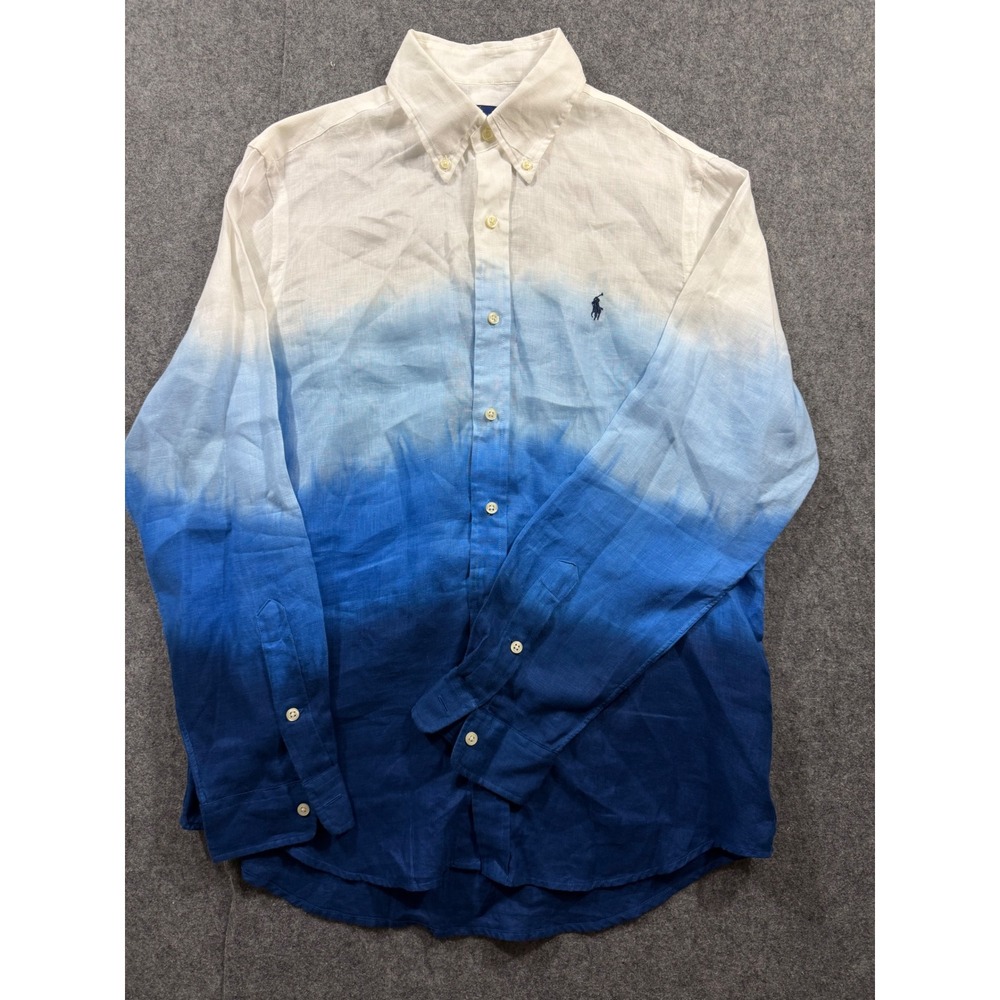 Polo Ralph Lauren Linen Ombre Dip Dye Shirt Blue White Mens Medium Long Sleeve